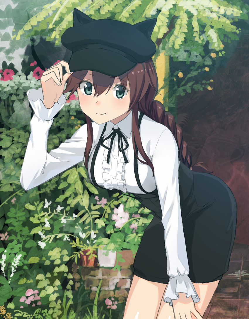 1girl adjusting_clothes adjusting_hat alternate_costume animal_ears animal_hat black_dress black_hat blouse braid breasts brown_hair collared_dress day dress fake_animal_ears green_eyes hand_on_own_knee hat highres kantai_collection leaning_forward long_hair long_sleeves looking_at_viewer masukuza_j medium_breasts noshiro_(kantai_collection) outdoors pinafore_dress plant sidelocks smile solo suspenders white_blouse