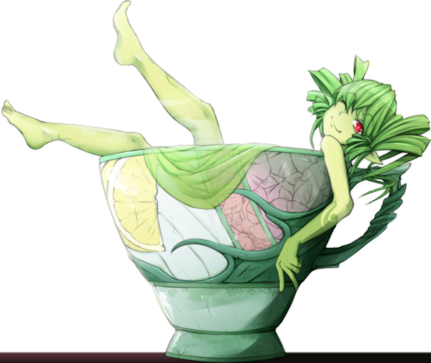 1girl ;) barefoot commentary cup green_hair green_skin in_container in_cup legs_up looking_at_viewer minigirl monster_girl_encyclopedia nanostar one_eye_closed pointy_ears red_eyes simple_background smile solo sylph_(monster_girl_encyclopedia) v white_background