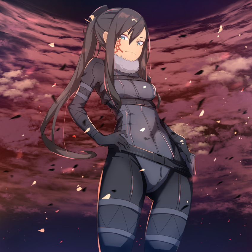 1girl ass_visible_through_thighs belt black_hair blue_eyes bodysuit breasts chest_strap clouds cowboy_shot facial_tattoo fur_trim hair_between_eyes hand_on_hip highres long_hair looking_at_viewer loose_belt medium_breasts pitohui_(sao) ponytail pouch sidelocks smile solo sword_art_online sword_art_online_alternative:_gun_gale_online tattoo thigh_strap very_long_hair wan_ban