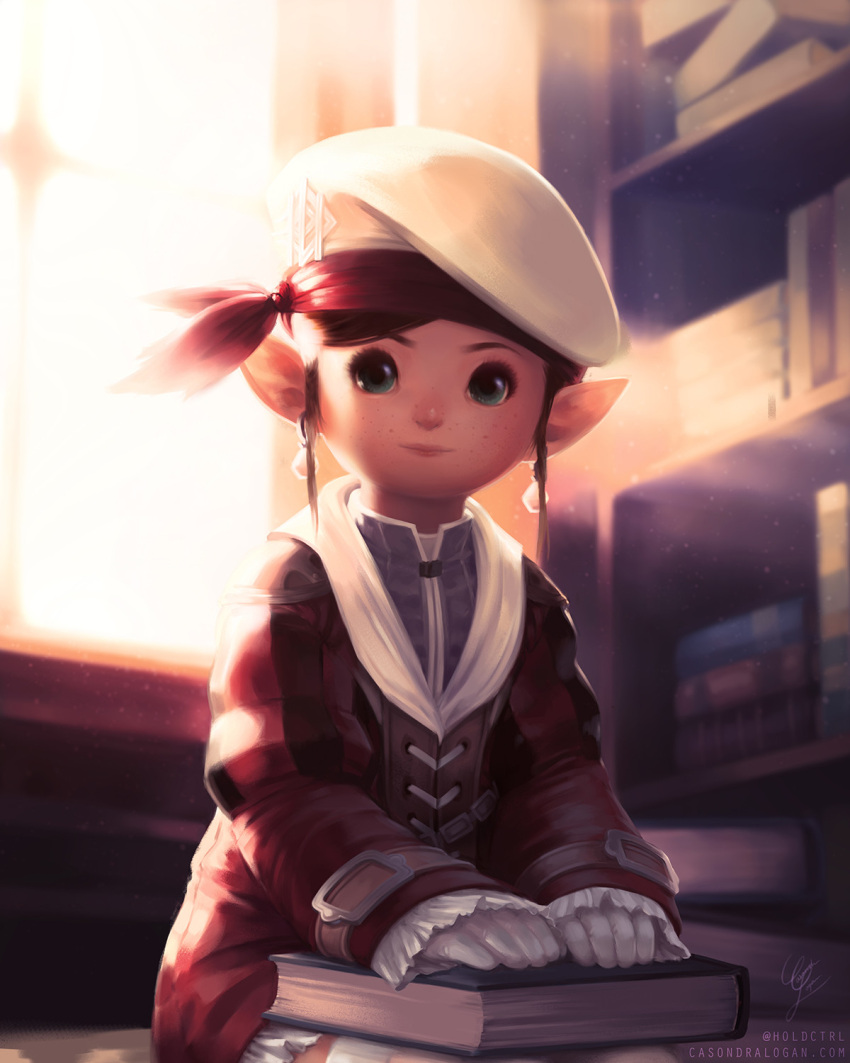 1girl blue_eyes book bookshelf brown_hair casondra_logan closed_mouth commission day earrings final_fantasy final_fantasy_xiv freckles gloves hat highres jewelry lalafell looking_at_viewer pointy_ears short_hair signature sitting solo thigh-highs twitter_username watermark web_address wings