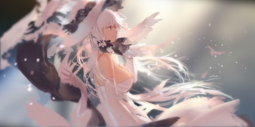 1girl azur_lane bangs bare_shoulders blue_eyes blush breasts deathers dress elbow_gloves feathers floating_hair from_side gloves hair_ornament hair_ribbon hand_in_hair hat highres illustrious_(azur_lane) lace-trimmed_hat large_breasts light_particles long_hair looking_at_viewer looking_up low_twintails ribbon signature smile solo strapless strapless_dress swd3e2 tress_ribbon twintails white_dress white_gloves white_hair white_hat wind wind_lift