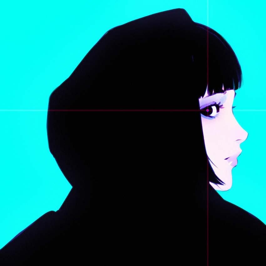 1girl black_eyes black_hair blue_background close-up closed_mouth diffraction_spikes hood hood_up hoodie ilya_kuvshinov lips looking_at_viewer looking_back original short_hair solo