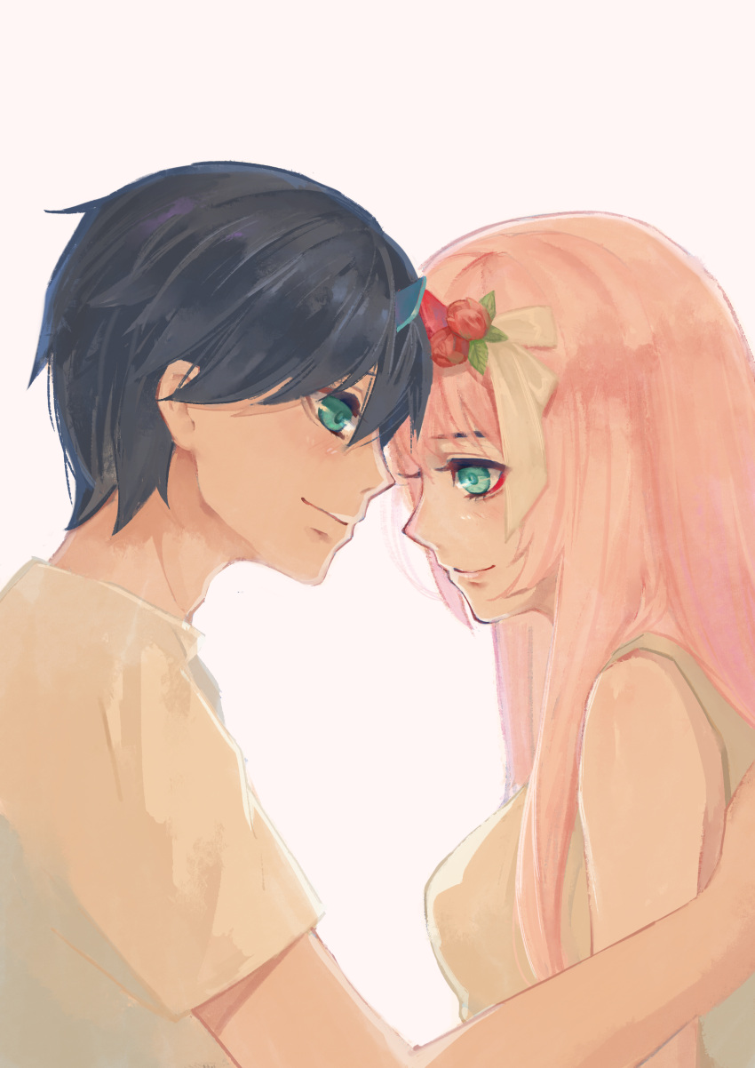 1boy 1girl absurdres bare_shoulders black_hair blue_eyes breasts chu_dengdeng closed_mouth commentary couple darling_in_the_franxx eyeshadow flower forehead-to-forehead fringe from_side green_eyes hair_flower hair_ornament hetero highres hiro_(darling_in_the_franxx) horns large_breasts long_hair looking_at_viewer makeup nightgown oni_horns pink_hair red_horns shirt short_hair sleeveless sleeveless_shirt white_shirt zero_two_(darling_in_the_franxx)