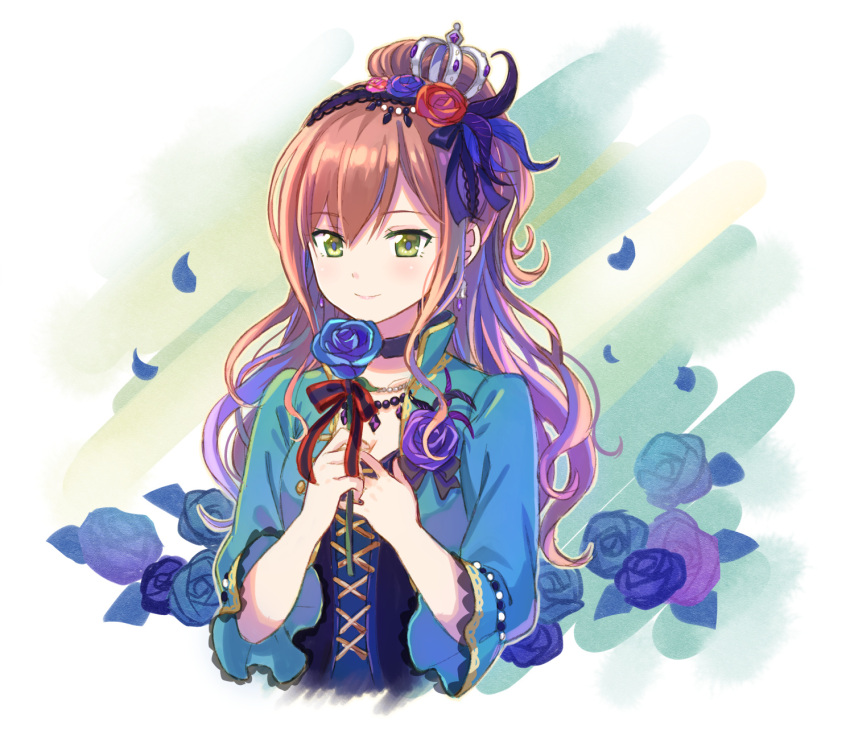 1girl bang_dream! bangs black_choker blue_flower blue_jacket blue_rose boutonniere breasts brown_hair choker cleavage commentary_request cross-laced_clothes crown earrings feathers flower frilled_sleeves frills green_eyes hair_feathers hair_flower hair_ornament hairband half_updo highres holding holding_flower imai_lisa jacket jewelry long_hair looking_at_viewer necklace petals red_flower red_rose ribbon rose shati smile solo striped striped_ribbon upper_body