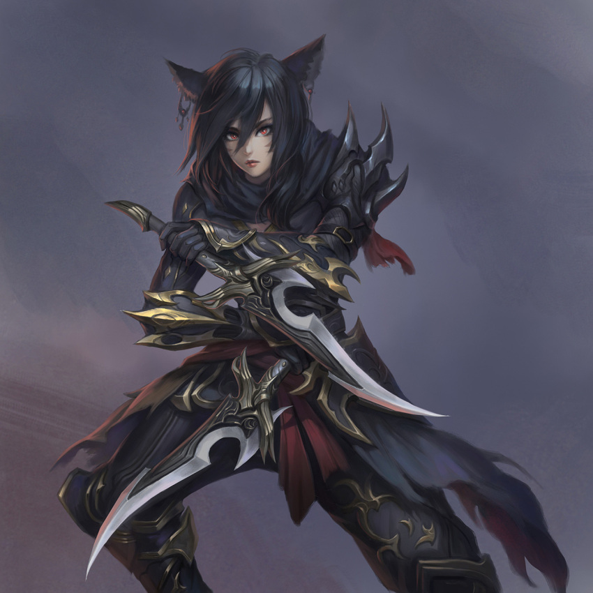 1girl black_hair closed_mouth commission dual_wielding earrings facial_mark fighting_stance final_fantasy final_fantasy_xiv gloves hair_between_eyes highres jewelry lips long_hair looking_at_viewer miqo'te nguyen_uy_vu ninja_(final_fantasy) red_eyes solo weapon