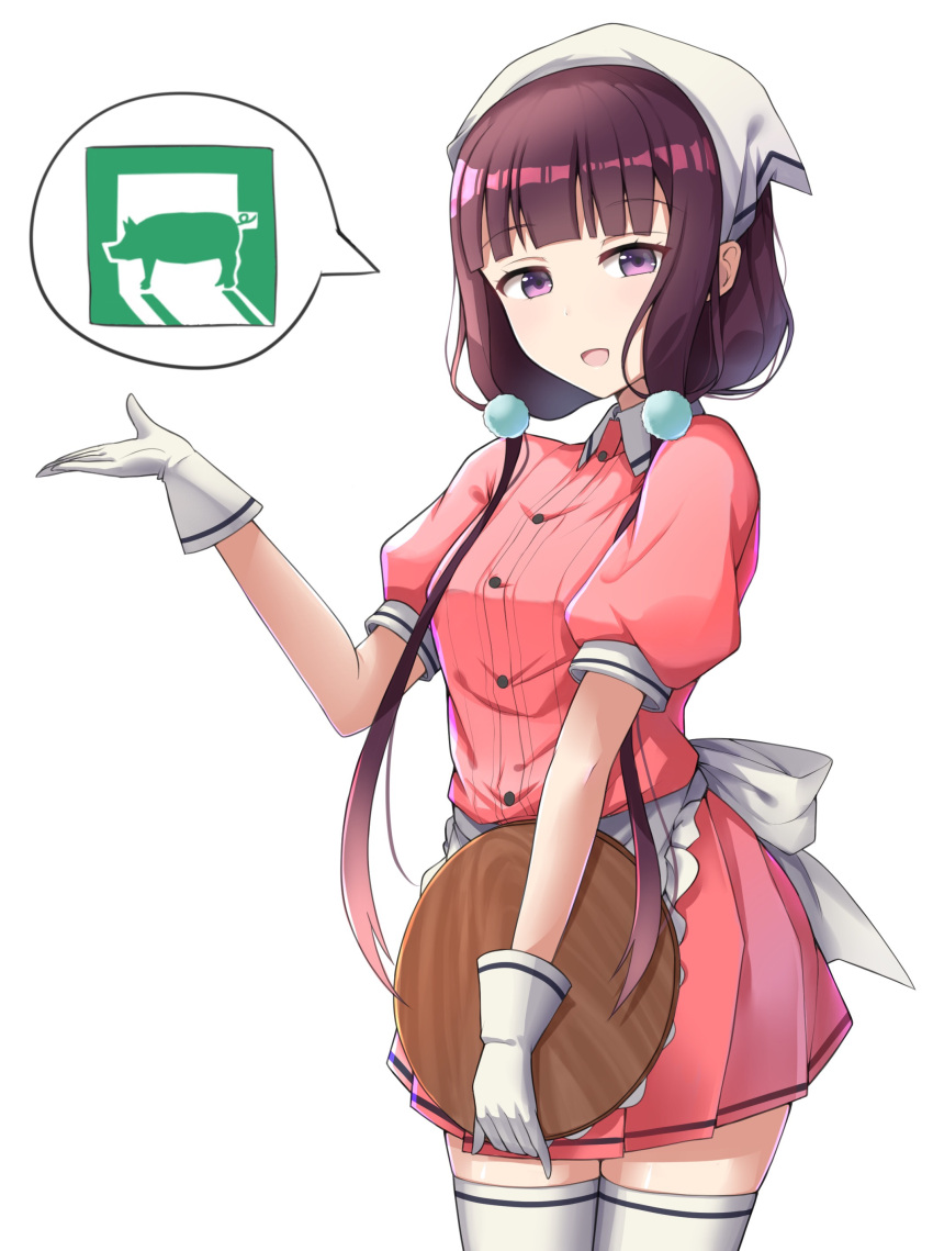 1girl absurdres bangs blend_s blunt_bangs brown_hair check_commentary commentary_request eyebrows_visible_through_hair gloves head_scarf highres holding holding_tray looking_at_viewer low_twintails pig puffy_short_sleeves puffy_sleeves sakuranomiya_maika short_sleeves solo speech_bubble stile_uniform tamusuguru thigh-highs tray twintails violet_eyes waitress white_background white_gloves white_legwear