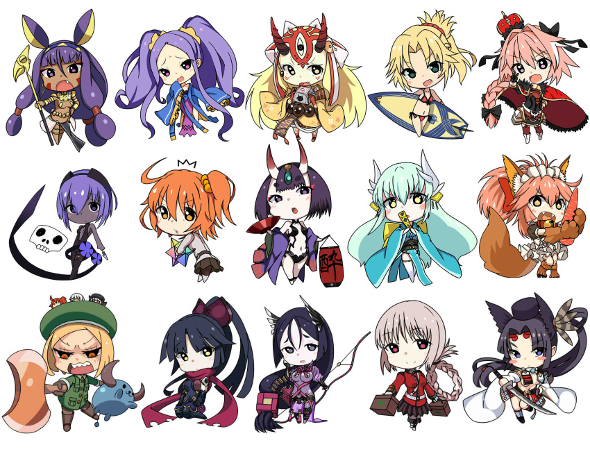 /\/\/\ 6+girls :d ahoge animal_ears annotation_request armor axe bell bell_collar belt beriko_(dotera_house) bikini black_hair black_legwear black_sclera black_skirt blonde_hair blue_hair blush bob_cut boots bow braid breasts brown_footwear brown_gloves carrot chaldea_uniform character_request chibi collar dark_skin fan fang fangs fate/grand_order fate_(series) first_aid_kit folded_ponytail fox_ears fox_tail fujimaru_ritsuka_(female) full_body gloves green_eyes grey_legwear hair_bow hair_ornament hair_scrunchie hand_on_hip high_ponytail highres horns japanese_clothes katou_danzou_(fate/grand_order) kimono lantern large-breasts long_hair looking_at_viewer looking_back mordred_(fate)_(all) mordred_(swimsuit_rider)_(fate) multiple_girls navel open_clothes open_kimono open_mouth orange_eyes orange_hair otoko_no_ko pantyhose paper_lantern pink_eyes pink_hair pleated_skirt purple_hair purple_kimono red_bikini red_scarf scarf scrunchie seiza short_eyebrows short_hair shuten_douji_(fate/grand_order) side_ponytail simple_background single_braid sitting skirt skull_mask sleeves_past_wrists small_breasts smile standing surfboard swimsuit tail twintails v_over_eye very_long_hair violet_eyes white_background wide_sleeves yellow_eyes