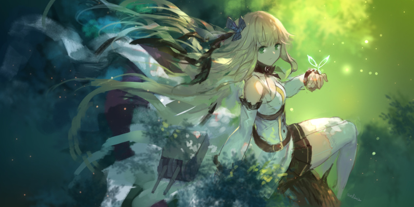 1girl arm_support aurora_(f10)_(azur_lane) azur_lane bangs bare_shoulders black_ribbon blonde_hair blue_eyes braid breasts bug butterfly cannon cleavage closed_mouth detached_sleeves eyebrows_visible_through_hair floating_hair garter_straps green_eyes hair_between_eyes hair_flaps hair_ornament hair_ribbon hand_up highres insect jewelry large_breasts long_hair long_sleeves looking_at_viewer machinery pleated_skirt ribbon rigging signature sitting skirt smile solo swd3e2 turrets very_long_hair