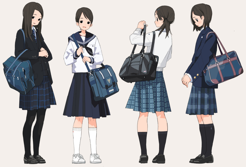 absurdres bag black_hair copyright_request full_body highres kumanoi_(nichols) open_mouth pleated_skirt school_bag school_uniform shirt shoes short_hair simple_background skirt smile socks white_background white_shirt