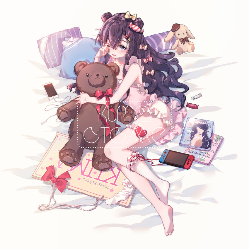 1girl bangs barefoot bed_sheet black_hair blush bow candy candy_hair_ornament cellphone earphones earphones earphones_removed food food_themed_hair_ornament frilled_legwear hair_bow hair_ornament hairclip heart highres lingerie long_hair looking_at_viewer lying magazine nintendo nintendo_switch on_side open_mouth original phone pillow red_ribbon ribbon ribbon-trimmed_legwear ribbon_trim rubbing_eyes side_bun sign single_sock smartphone smile socks socks_removed solo striped striped_bow stuffed_animal stuffed_bunny stuffed_toy teddy_bear thigh_strap underwear violet_eyes wavy_hair yuzhi