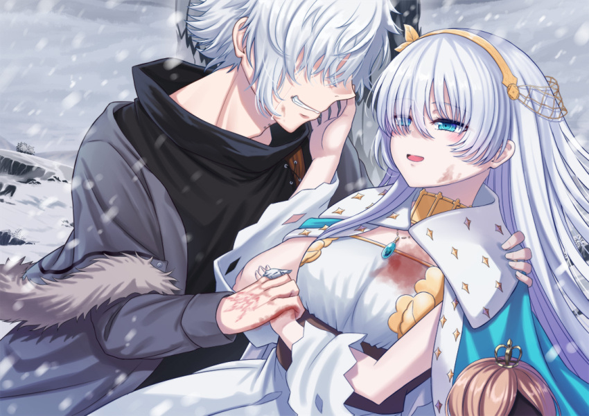 1boy 1girl anastasia_(fate/grand_order) bangs blood blue_cape blue_eyes cape command_spell commentary_request dress eyebrows_visible_through_hair fate/grand_order fate_(series) fur-trimmed_jacket fur_trim hair_between_eyes hair_over_one_eye hairband holding jacket kadoc_zemlupus long_hair mizunashi_hayate royal_robe silver_hair very_long_hair white_dress yellow_eyes yellow_hairband