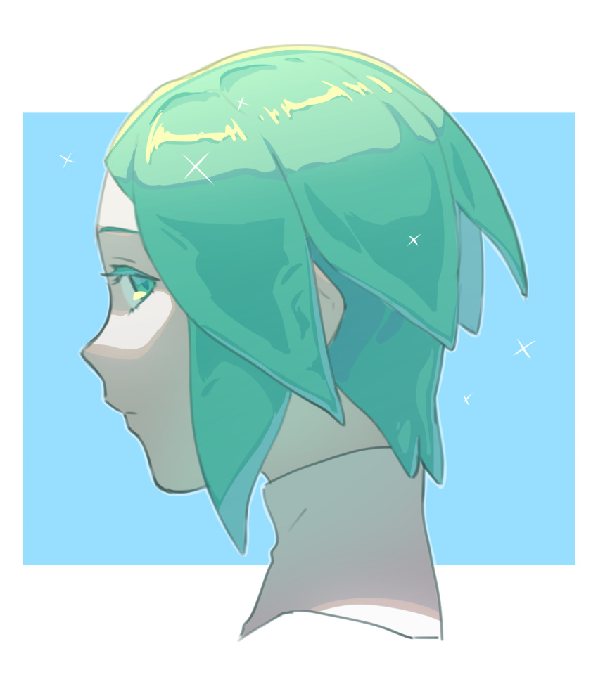 1other androgynous artist_request blue_background colored_eyelashes face green_eyes green_hair highres houseki_no_kuni looking_at_viewer looking_back phosphophyllite profile short_hair solo