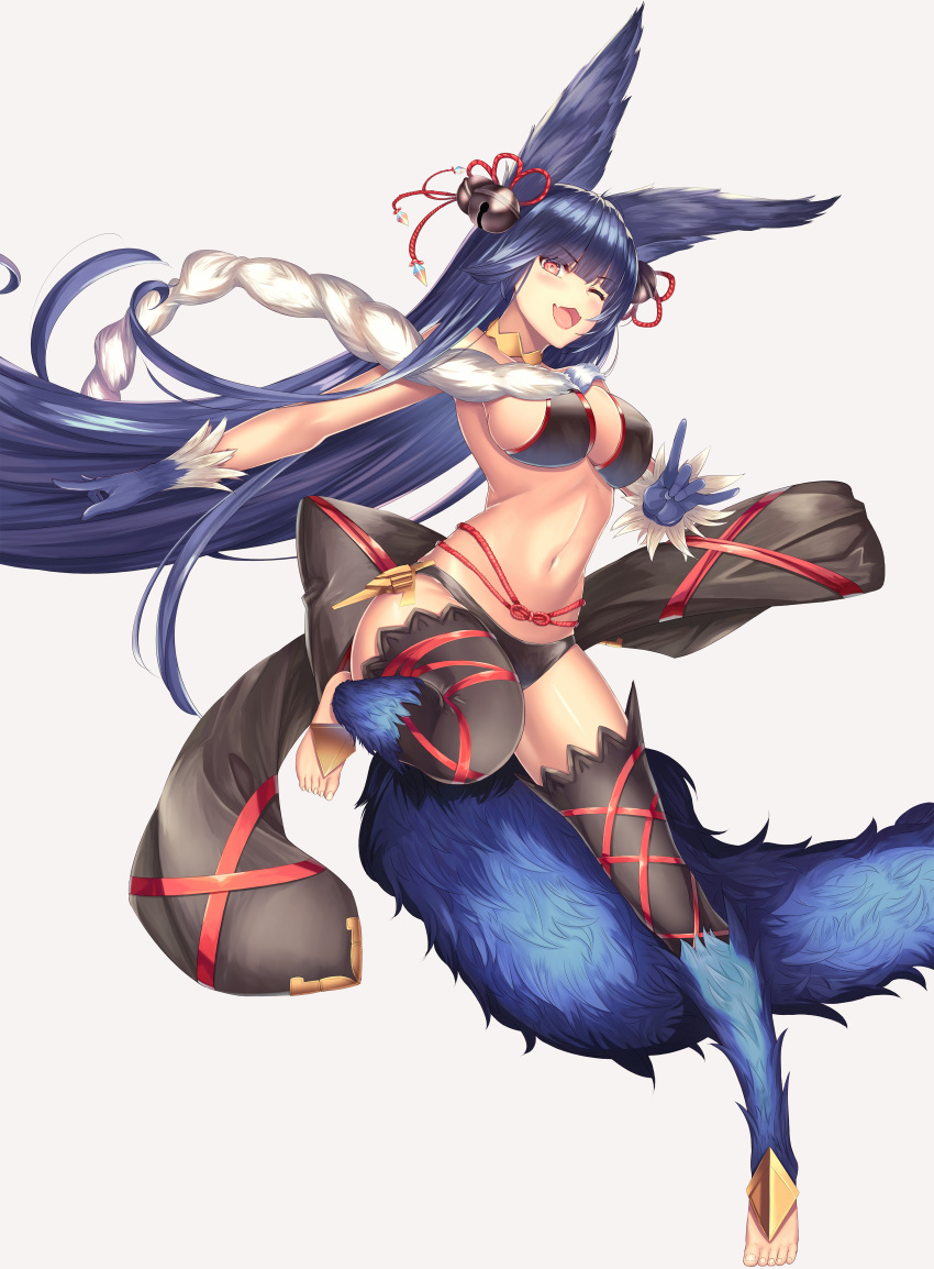 1girl ;d absurdres animal_ears bangs bell blue_hair blunt_bangs blush breasts erune eyebrows_visible_through_hair fang fox_ears fox_shadow_puppet fox_tail full_body fur fur_trim granblue_fantasy grey_background hair_bell hair_ornament highres jingle_bell long_hair looking_at_viewer medium_breasts navel one_eye_closed open_mouth red_eyes simple_background smile solo tail takinashi_(friend_coffee) thigh-highs toeless_legwear very_long_hair yuel_(granblue_fantasy)