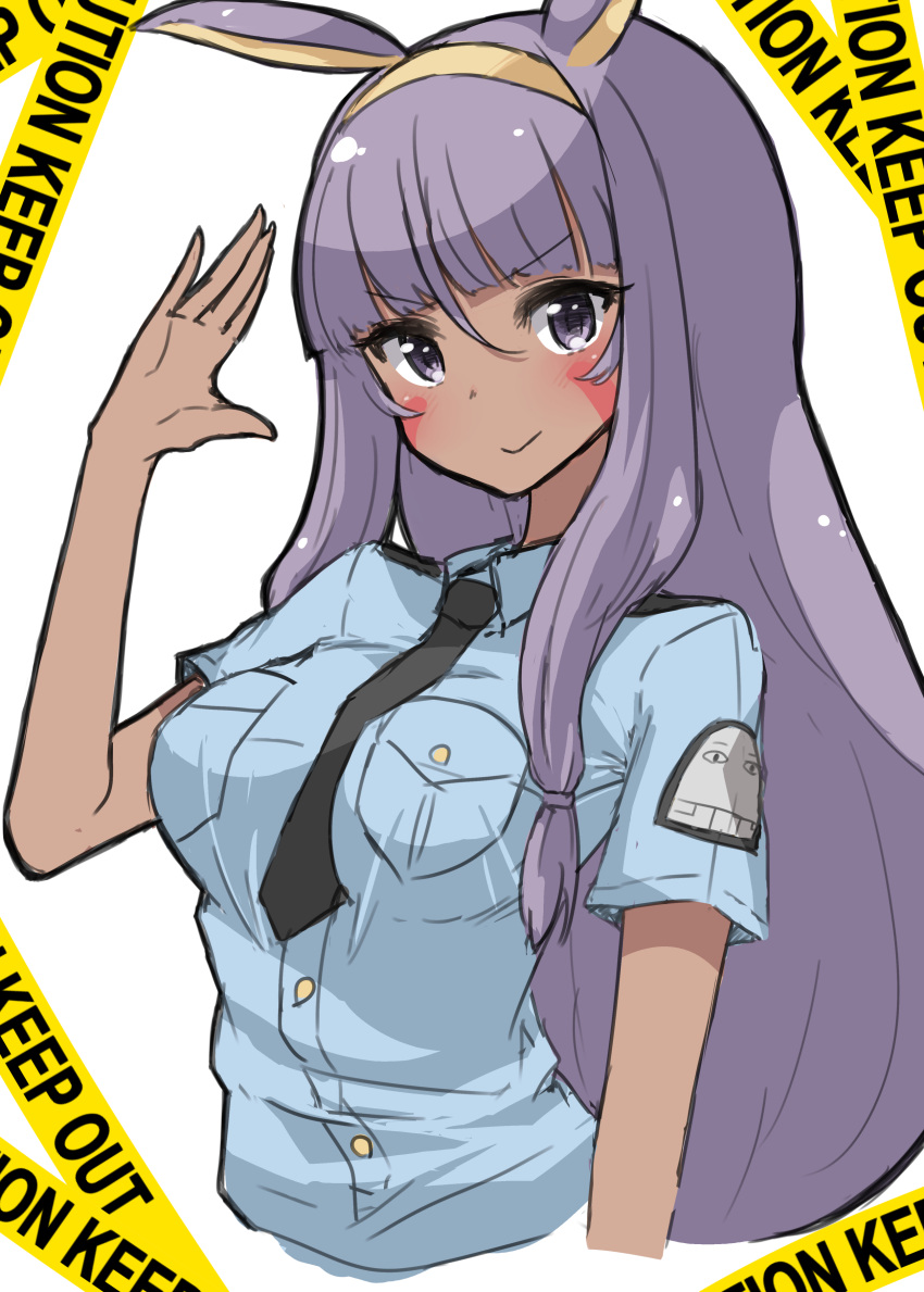 1girl absurdres animal_ears black_neckwear blue_shirt breast_pocket caution_tape commentary_request dark_skin facial_mark fate/grand_order fate_(series) hair_between_eyes hairband hand_up highres jackal_ears keep_out long_hair looking_at_viewer low-tied_long_hair malice_stella necktie nitocris_(fate/grand_order) pocket police police_uniform policewoman purple_hair shirt short_sleeves smile solo uniform upper_body v-shaped_eyebrows violet_eyes