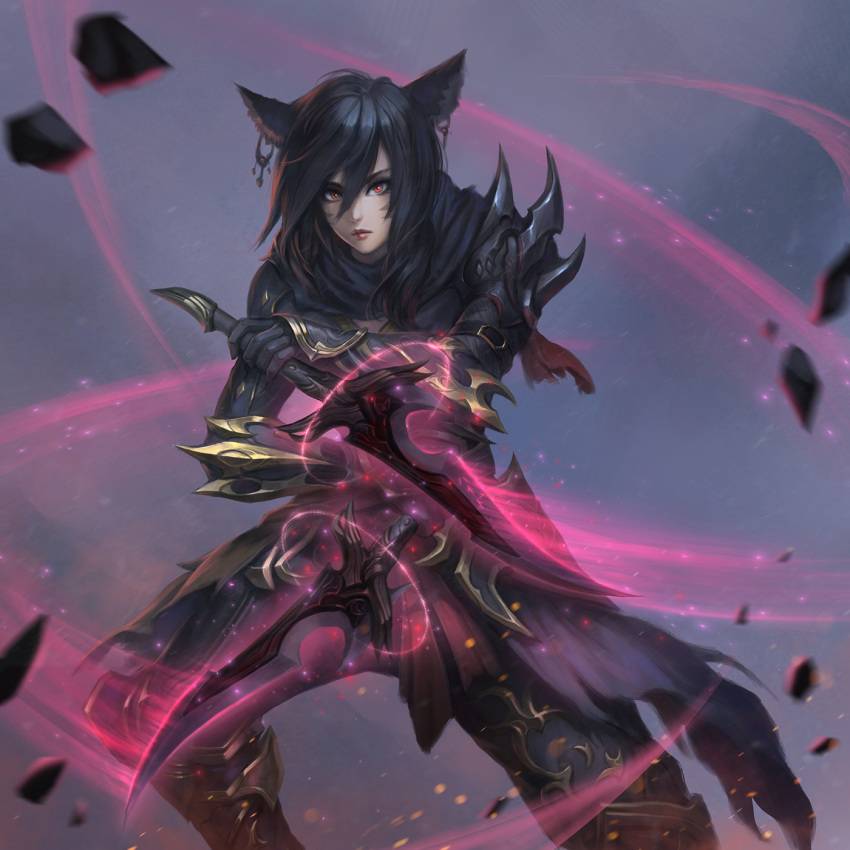 1girl black_hair closed_mouth commission dual_wielding earrings facial_mark fighting_stance final_fantasy final_fantasy_xiv gloves glowing glowing_weapon hair_between_eyes highres jewelry lips long_hair looking_at_viewer miqo'te nguyen_uy_vu ninja_(final_fantasy) red_eyes solo weapon