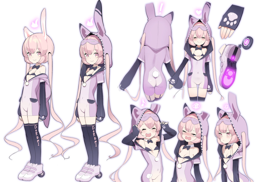 ! 1girl :d ^_^ anger_vein animal_ears animal_hood arms_up artist_name ass bangs bare_shoulders bikini bikini_top bikini_under_clothes black_bikini black_bikini_top black_bow black_legwear black_neckwear blush bow bowtie breasts bunny_hood bunny_tail cat_ears closed_eyes closed_mouth commentary_request covered_navel detached_collar doremi eighth_note eyebrows_visible_through_hair facing_viewer full_body hair_between_eyes heart highres hood hood_down hood_up hoodie light_brown_hair long_hair long_sleeves looking_at_viewer mask mask_on_head multiple_views musical_note nose_blush open_mouth original paw_print pink_eyes pink_footwear pink_hair rabbit_ears roller_shoes shoe_soles shoes simple_background sleep_mask sleeves_past_wrists small_breasts smile squiggle standing swimsuit tail tears thigh-highs twintails upper_teeth very_long_hair virtual_youtuber white_background