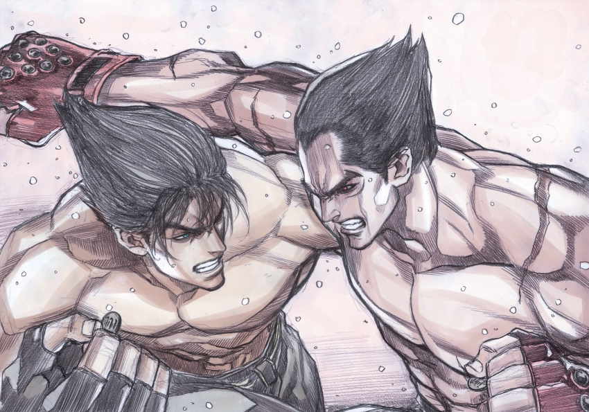 2boys abs absurdres bared_teeth battle black_hair blue_eyes clenched_hands dodging father_and_son fighting hair_slicked_back highres kazama_jin male_focus mishima_kazuya multiple_boys muscle pectorals punching red_eyes scar shirtless tekken yoshihara_motoki