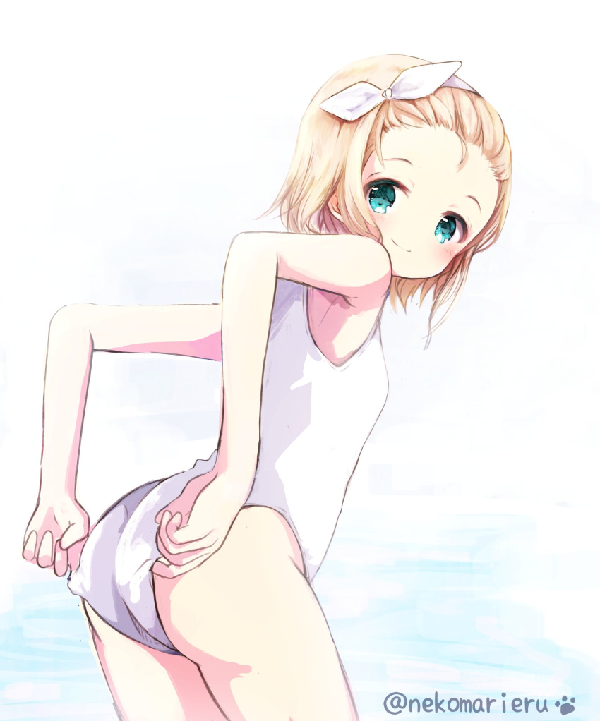 1girl absurdres adjusting_clothes adjusting_swimsuit ass blonde_hair cowboy_shot from_behind green_eyes hairband highres i-504_(kantai_collection) kantai_collection looking_at_viewer nekomarieru no_nose school_swimsuit short_hair simple_background smile solo swimsuit water white_background white_hairband white_school_swimsuit white_swimsuit