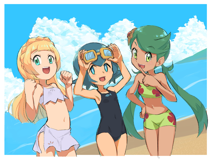 3girls :d bare_arms bare_shoulders beach bikini black_swimsuit blue_eyes blue_hair braid breasts bright_pupils clenched_hand clouds crown_braid day floral_print gen_1_pokemon goggles goggles_on_head green_bikini green_eyes green_hair hair_ornament hands_up index_finger_raised legs_together lillie_(pokemon) mallow_(pokemon) multiple_girls nyonn24 ocean one-piece_swimsuit open_mouth outdoors pokemon pokemon_(anime) pokemon_sm_(anime) single_braid small_breasts smile standing staryu strapless strapless_bikini suiren_(pokemon) swimsuit teeth tongue twintails water white_bikini white_pupils