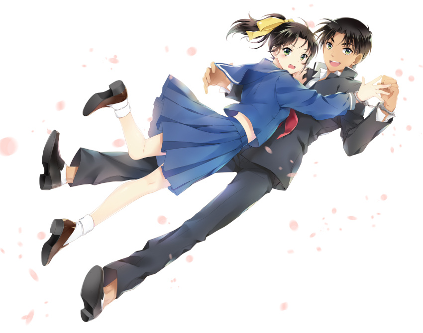 1boy 1girl black_hair blush brown_hair dark_skin green_eyes hattori_heiji highres long_hair mca_(dessert_candy) meitantei_conan ponytail school_uniform short_hair smile tooyama_kazuha