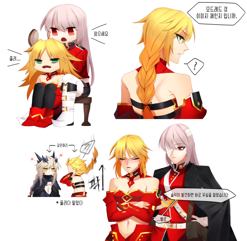 3girls ? alternate_hairstyle artoria_pendragon_(all) artoria_pendragon_(lancer_alter) bandage_over_one_eye blonde_hair blush braid breasts cleavage commentary_request crossed_arms fang fate/grand_order fate_(series) florence_nightingale_(fate/grand_order) flower green_eyes hair_brushing hair_down highres hochikass horns korean korean_commentary long_braid mordred_(fate) mordred_(fate)_(all) multiple_girls navel open_mouth pink_hair red_eyes single_braid spoken_question_mark translation_request white_background