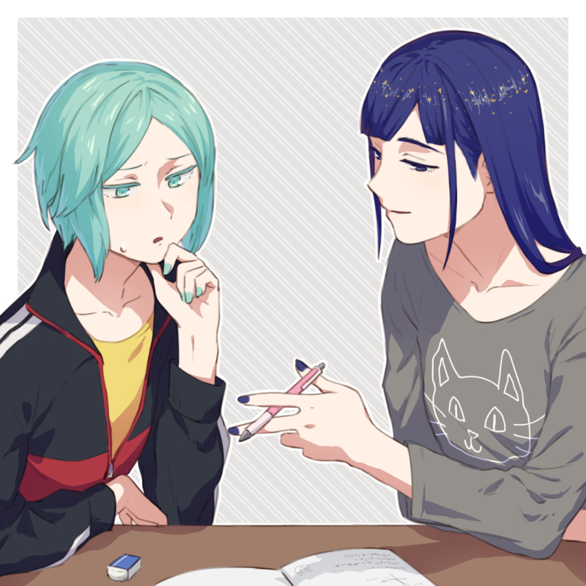 2others alternate_costume androgynous aqua_eyes aqua_hair artist_request bangs blue_eyes blue_hair blunt_bangs colored_eyelashes contemporary desk eraser green_eyes green_hair highres houseki_no_kuni jacket jersey lapis_lazuli_(houseki_no_kuni) long_hair nail_polish notebook pen phosphophyllite shirt short_hair smile sweatdrop t-shirt