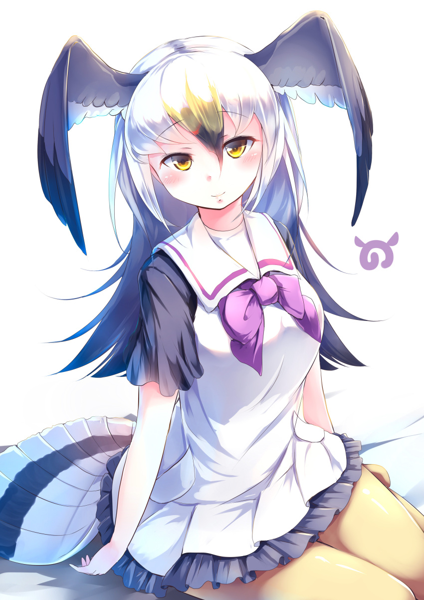 1girl absurdres bird_tail black-tailed_gull_(kemono_friends) black_hair blush commentary dress eyebrows_visible_through_hair gradient_hair hair_between_eyes head_wings highres japari_symbol kanzakietc kemono_friends long_hair looking_at_viewer multicolored_hair sailor_dress short_sleeves silver_hair simple_background siting sitting smile solo white_background white_dress yellow_eyes yokozuwari