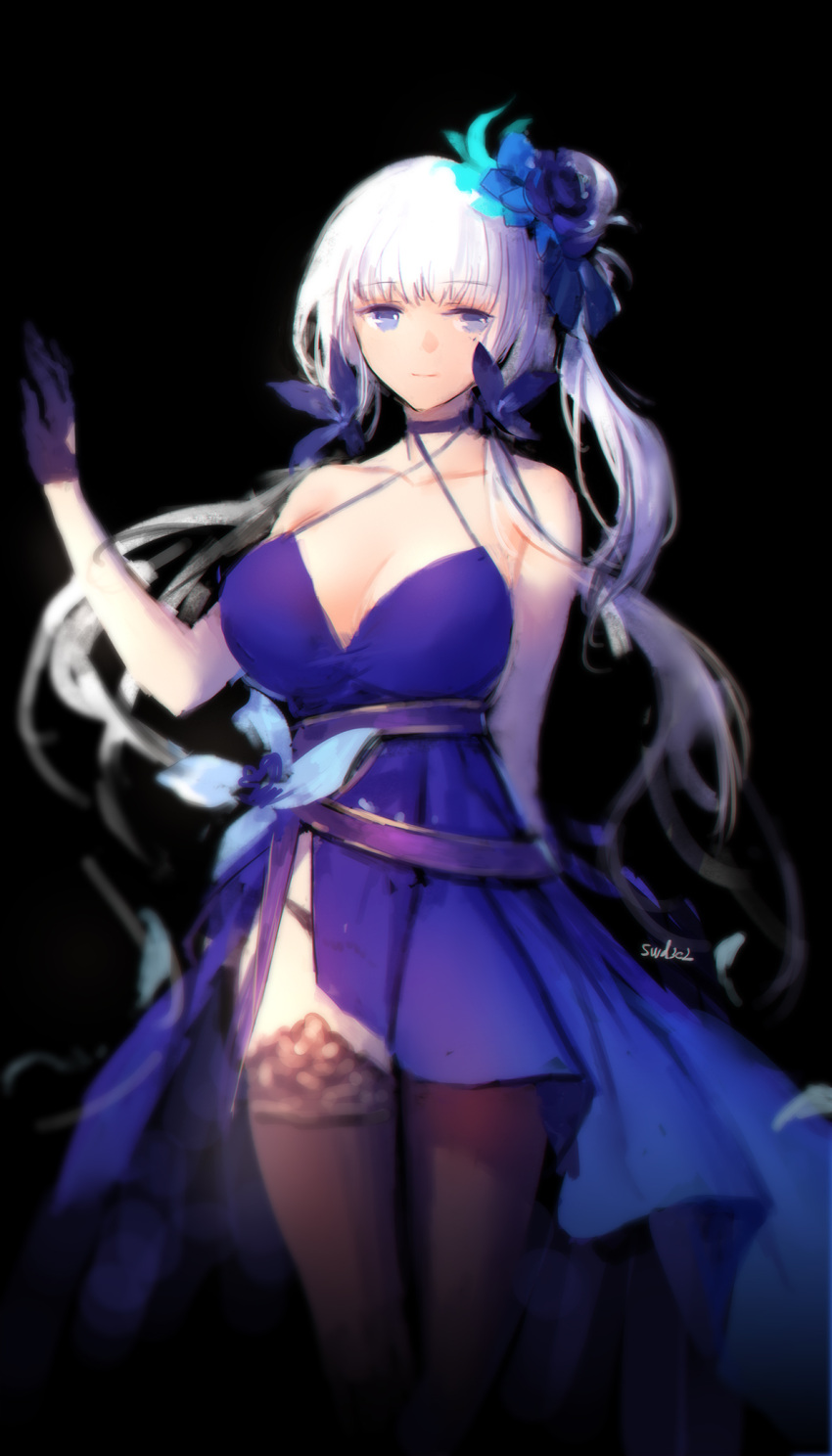 1girl alternate_costume alternate_hairstyle azur_lane bangs bare_shoulders black_background black_legwear black_panties blue_dress blue_eyes blurry breasts choker cleavage dress floating_hair gloves hair_ornament hair_ribbon hand_up highres illustrious_(azur_lane) large_breasts long_hair looking_at_viewer low_twintails mole mole_under_eye panties ribbon signature simple_background smile solo swd3e2 thigh-highs tress_ribbon twintails underwear white_hair