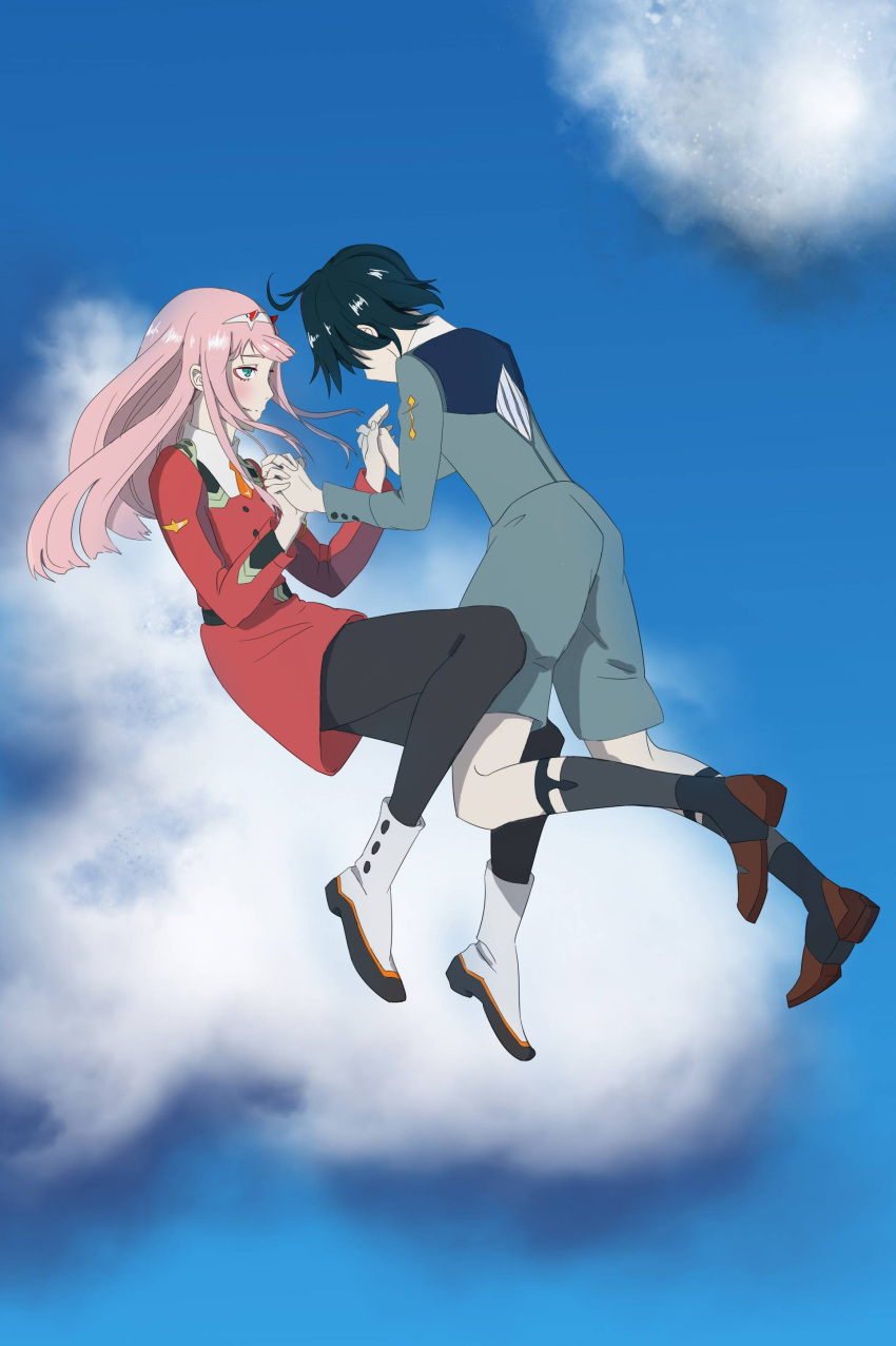 1boy 1girl absurdres black_hair black_legwear blush boots brown_footwear clouds cloudy_sky commentary_request couple darling_in_the_franxx falling floating fringe green_eyes hair_ornament hairband hand_holding hetero highres hiro_(darling_in_the_franxx) horns long_hair long_sleeves looking_at_viewer military military_uniform mystery-s necktie oni_horns orange_neckwear pantyhose pink_hair red_horns red_neckwear shoes short_hair sky socks uniform white_footwear white_hairband zero_two_(darling_in_the_franxx)