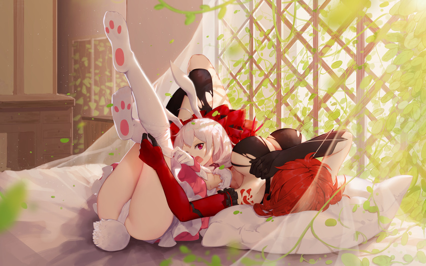 2girls animal_ears asa_ni_haru ass bangs bed_sheet benghuai_xueyuan black_legwear breasts bunny_tail cleavage dress dressing elbow_gloves gloves hair_ornament highres honkai_impact indoors large_breasts legs_up lying medium_hair mismatched_gloves multiple_girls murata_himeko on_back on_bed open_mouth panties pillow ponytail rabbit_ears red_eyes red_gloves redhead room short_hair silver_hair tail theresa_apocalypse thigh-highs tied_hair underwear white_dress white_legwear white_panties window