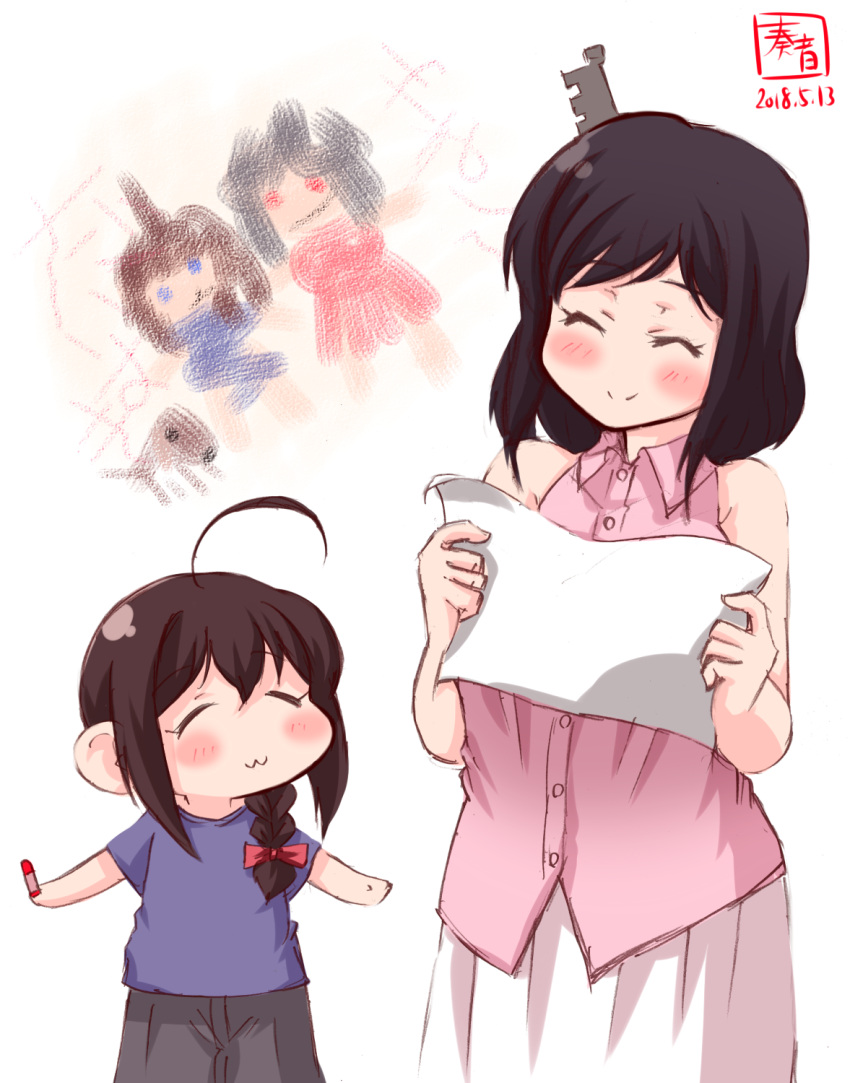 2girls :3 ahoge alternate_costume artist_logo black_hair black_shorts blouse blue_eyes blue_shirt blush_stickers braid child_drawing closed_eyes commentary_request crayon dated drawing hair_ornament hair_over_shoulder highres kanon_(kurogane_knights) kantai_collection long_hair mother's_day multiple_girls pink_blouse red_eyes shigure_(kantai_collection) shirt short_hair shorts simple_background single_braid skirt sleeveless_blouse smile white_background white_skirt yamashiro_(kantai_collection) younger