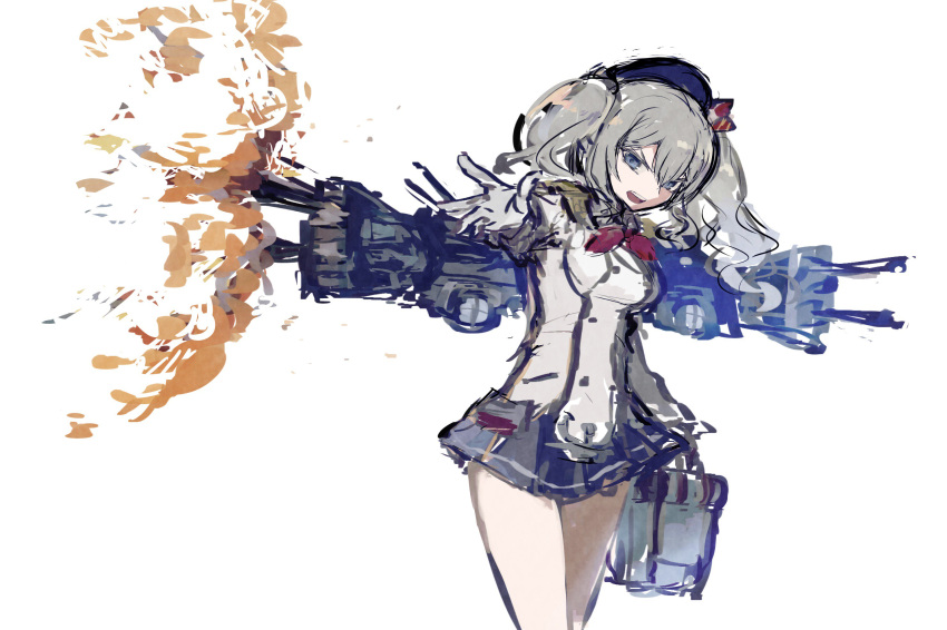1girl agtt25333 anchor beret black_miniskirt blue_eyes breasts buttons commentary cowboy_shot double-breasted epaulettes explosion frilled_sleeves frills frown gloves grey_eyes hair_between_eyes hat highres jacket kantai_collection kashima_(kantai_collection) kerchief long_hair long_sleeves looking_at_viewer machinery military military_jacket military_uniform miniskirt neckerchief open_mouth pleated_skirt reaching_out red_neckwear rigging round_teeth searchlight sidelocks silver_hair simple_background skirt solo teeth tsurime turret twintails uniform wavy_hair weapon white_background white_gloves white_jacket