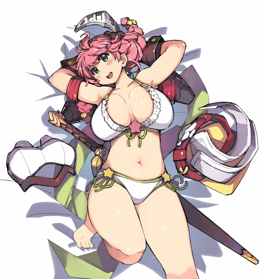 1girl :d armor_removed armpits arms_behind_head bare_shoulders barefoot bikini blush braid breasts cleavage copyright_request gloves green_eyes headwear_removed helmet helmet_removed highres large_breasts long_hair looking_at_viewer lying navel on_back open_mouth pink_hair sheath sheathed smile solo swimsuit sword teeth weapon white_bikini xration