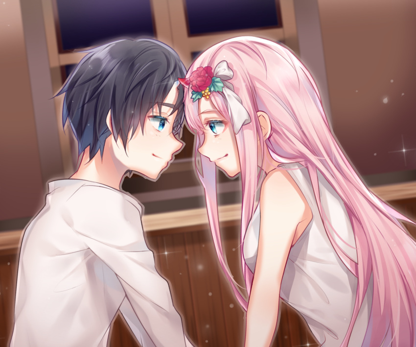 1boy 1girl bare_shoulders black_hair blue_eyes breasts closed_mouth commentary couple darling_in_the_franxx eyeshadow flower forehead-to-forehead fringe from_side green_eyes hair_flower hair_ornament hetero highres hiro_(darling_in_the_franxx) horns koynoppanuch large_breasts long_hair looking_at_viewer makeup nightgown oni_horns pink_hair red_horns shirt short_hair sleeveless sleeveless_shirt white_shirt zero_two_(darling_in_the_franxx)