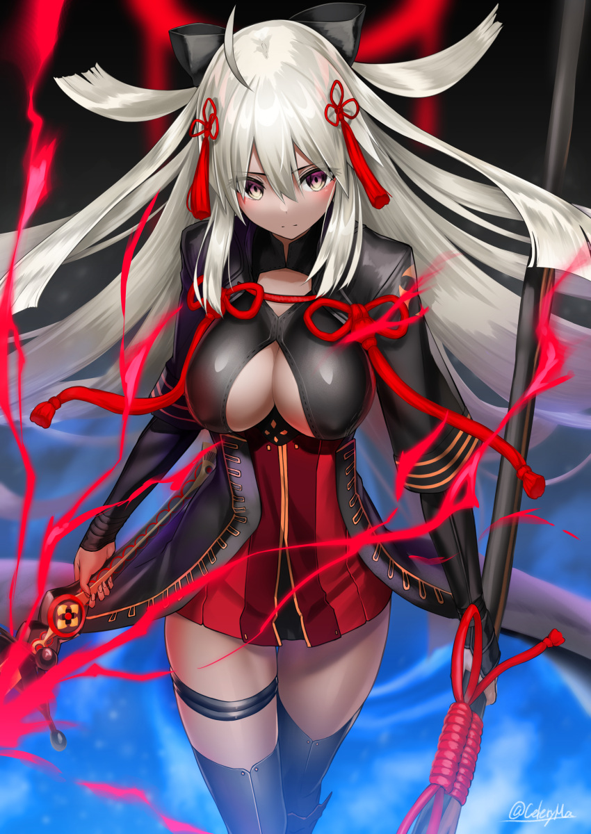 1girl absurdres ahoge black_bow black_legwear bow breasts brown_eyes celeryma cleavage cleavage_cutout dark_skin dress fate/grand_order fate_(series) floating_hair hair_between_eyes hair_bow hair_ornament highres holding holding_sheath holding_sword holding_weapon large_breasts long_hair looking_down okita_souji_(alter)_(fate) okita_souji_(fate)_(all) sheath shiny shiny_clothes short_dress signature silver_hair solo standing sword thigh-highs thigh_strap unsheathed very_long_hair weapon