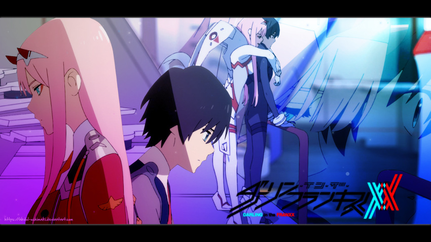 1boy 1girl abdul-uchimaki black_hair blue_eyes boots commentary_request couple darling_in_the_franxx fringe green_eyes hair_ornament hairband hetero highres hiro_(darling_in_the_franxx) horns hug hug_from_behind letterboxed long_hair military military_uniform necktie oni_horns orange_neckwear pink_hair red_horns red_neckwear short_hair uniform white_footwear white_hairband zero_two_(darling_in_the_franxx)