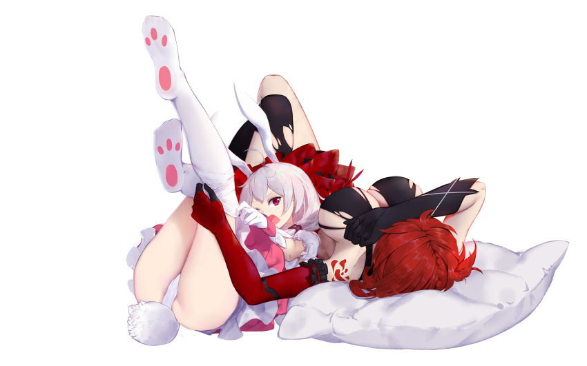 2girls animal_ears asa_ni_haru ass bangs benghuai_xueyuan black_legwear breasts bunny_tail cleavage dress dressing elbow_gloves gloves hair_ornament highres honkai_impact large_breasts legs_up lying medium_hair mismatched_gloves multiple_girls murata_himeko on_back open_mouth panties pillow ponytail rabbit_ears red_eyes red_gloves redhead short_hair silver_hair simple_background tail theresa_apocalypse thigh-highs tied_hair underwear white_background white_dress white_legwear white_panties