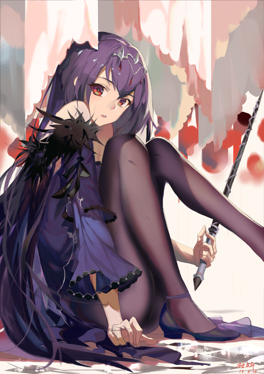 1girl ankle_lace-up ass bangs bare_shoulders black_footwear black_legwear caster_(lostbelt) commentary_request cross-laced_footwear dated detached_sleeves dress eyebrows_visible_through_hair fate/grand_order fate_(series) fur-trimmed_sleeves fur_trim head_tilt headpiece highres holding long_hair long_sleeves looking_at_viewer pantyhose parted_lips purple_dress purple_hair rabbit_(tukenitian) red_eyes signature sitting solo tiara upper_teeth very_long_hair wide_sleeves