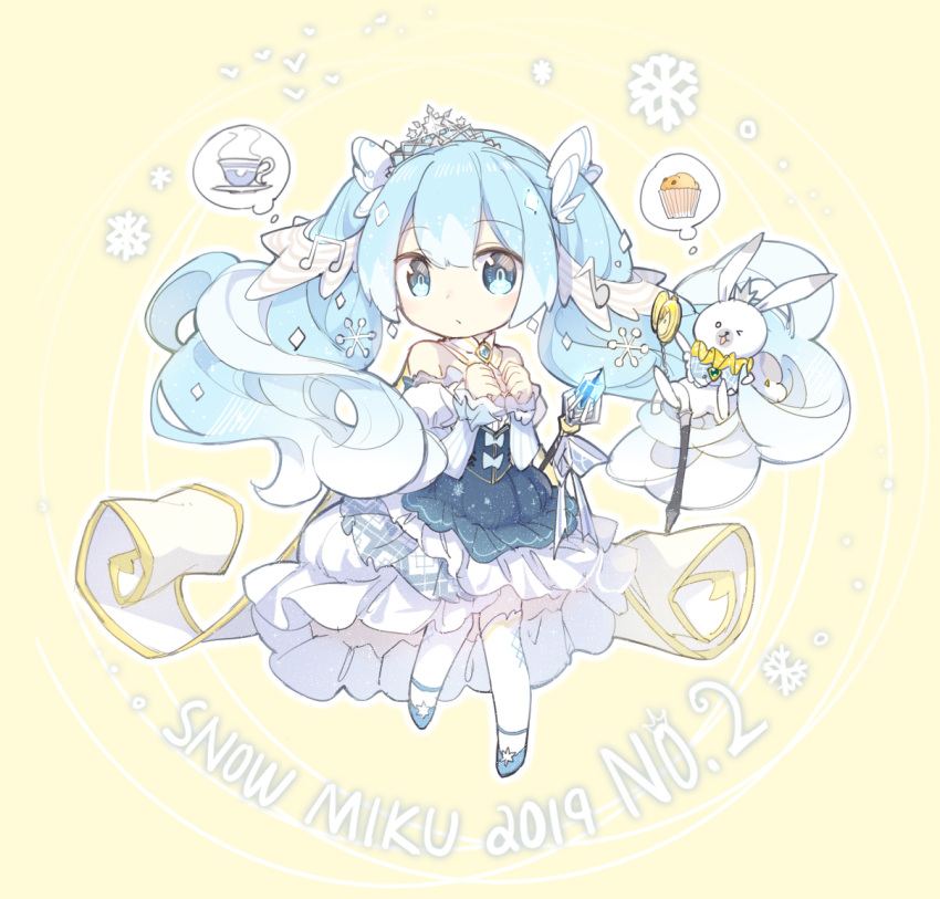 1girl 2019 animal bangs bare_shoulders beamed_eighth_notes blue_dress blue_eyes blue_footwear blue_hair blush butterfly_hair_ornament closed_mouth commentary_request cup detached_collar detached_sleeves dress eighth_note eyebrows_visible_through_hair food hair_between_eyes hair_ornament hatsune_miku juliet_sleeves lf long_hair long_sleeves looking_at_viewer muffin musical_note musical_note_hair_ornament pocket_watch puffy_sleeves rabbit saucer shoes snowflake_hair_ornament snowflakes standing standing_on_one_leg steam strapless strapless_dress teacup thigh-highs tiara twintails very_long_hair vocaloid watch white_collar white_legwear yellow_background yuki_miku yukine_(vocaloid)