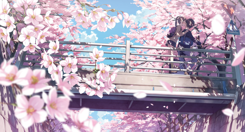 1boy 1girl 5_nenme_no_houkago absurdres backpack bag bicycle blue_jacket blue_skirt blue_sky blurry blurry_foreground blush bridge brown_footwear brown_hair brown_legwear cherry_blossoms closed_eyes couple day depth_of_field fanbox_reward ground_vehicle highres imminent_kiss jacket kantoku long_sleeves outdoors paid_reward pants pleated_skirt ponytail road_sign school_uniform shoes shoulder_bag sign skirt sky socks tree