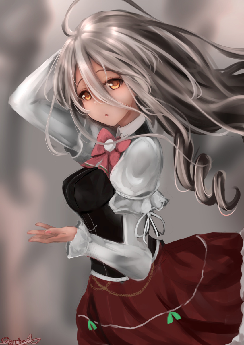 1girl bangs blush bow bowtie breasts brown_eyes corset floating_hair grey_hair hair_between_eyes hand_on_head hand_up highres juliet_sleeves kantai_collection large_breasts long_hair long_sleeves looking_at_viewer nail_polish open_mouth pink_nails pola_(kantai_collection) puffy_sleeves sazamiso_rx shirt sidelocks skirt smile solo wavy_hair white_shirt wide_sleeves