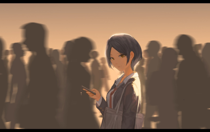 backlighting bag bangs black_hair cellphone commentary_request crowd earrings enden hayami_kanade highres holding holding_phone idolmaster idolmaster_cinderella_girls jacket jewelry looking_at_viewer necktie open_clothes open_jacket parted_bangs phone red_neckwear school_bag shirt short_hair silhouette smartphone solo_focus stud_earrings yellow_eyes