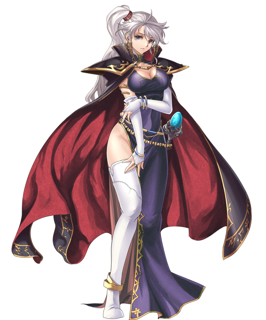 1girl alba anklet armlet blue_eyes boots bracelet breasts cape cleavage cleavage_cutout dress earrings elbow_gloves fire_emblem fire_emblem:_seisen_no_keifu fire_emblem_heroes gem gloves highres holding_own_arm ishtar_(fire_emblem) jewelry large_breasts long_hair magician ponytail ring side_ponytail side_slit sidelocks silver_hair solo thigh-highs thigh_boots thighs
