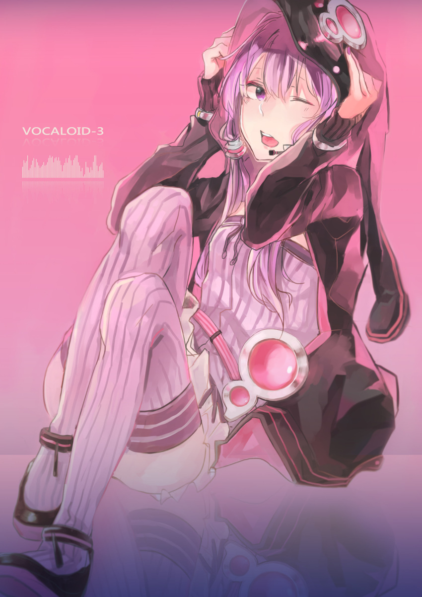 1girl absurdres animal_hood e.tag headset highres hood hoodie legs_together low_twintails one_eye_closed open_clothes open_hoodie purple_hair reflective_floor ribbed_legwear sitting solo thigh-highs twintails violet_eyes vocaloid voiceroid yuzuki_yukari
