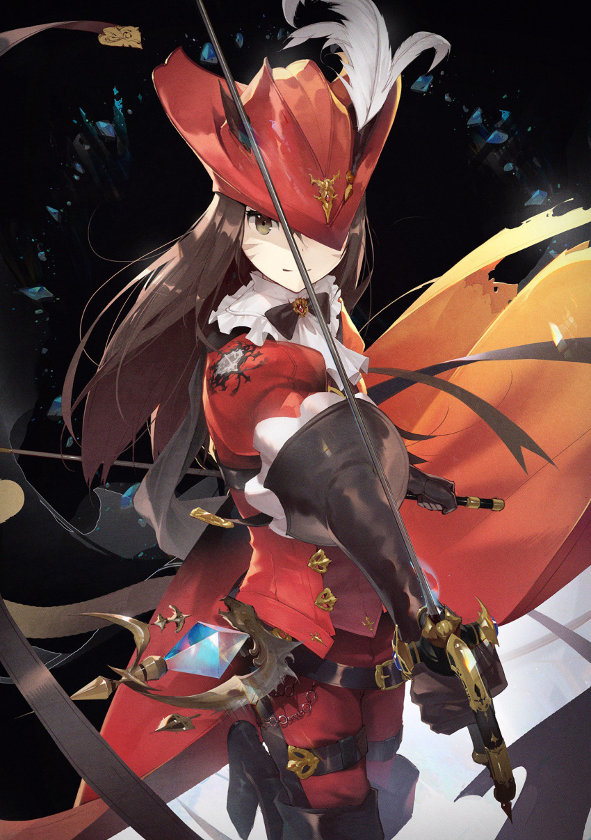 1girl black_background black_footwear black_gloves black_ribbon boots brown_eyes brown_hair facial_mark feathers final_fantasy final_fantasy_xiv gloves hat hat_feather highres holding holding_sword holding_weapon kieed long_hair looking_at_viewer red_hat red_mage ribbon simple_background solo sword weapon