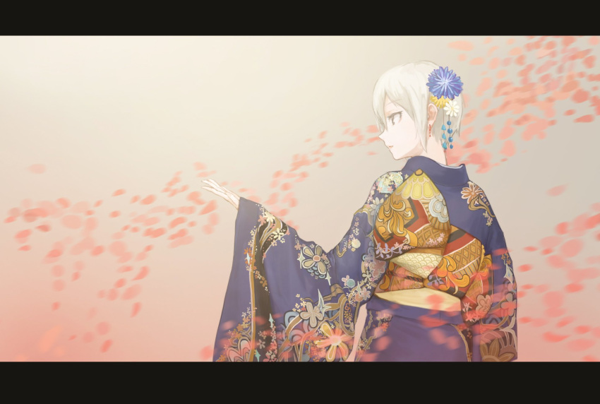 1girl bangs black_eyes blue_kimono cherry_blossoms commentary earrings enden eyebrows_visible_through_hair floral_print flower furisode grey_hair hair_between_eyes hair_flower hair_ornament highres idolmaster idolmaster_cinderella_girls japanese_clothes jewelry kanzashi kimono letterboxed obi outstretched_arm parted_bangs petals profile sash shiomi_shuuko short_hair smile solo wide_sleeves