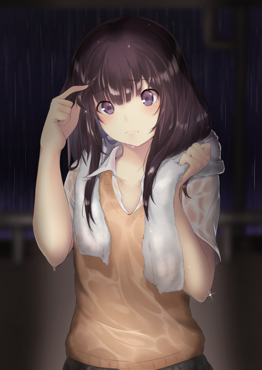 1girl breasts brown_hair closed_mouth collarbone commentary_request enatsu eyebrows_visible_through_hair highres long_hair looking_at_viewer original shirt solo towel towel_around_neck upper_body violet_eyes water wet wet_clothes wet_hair wet_shirt