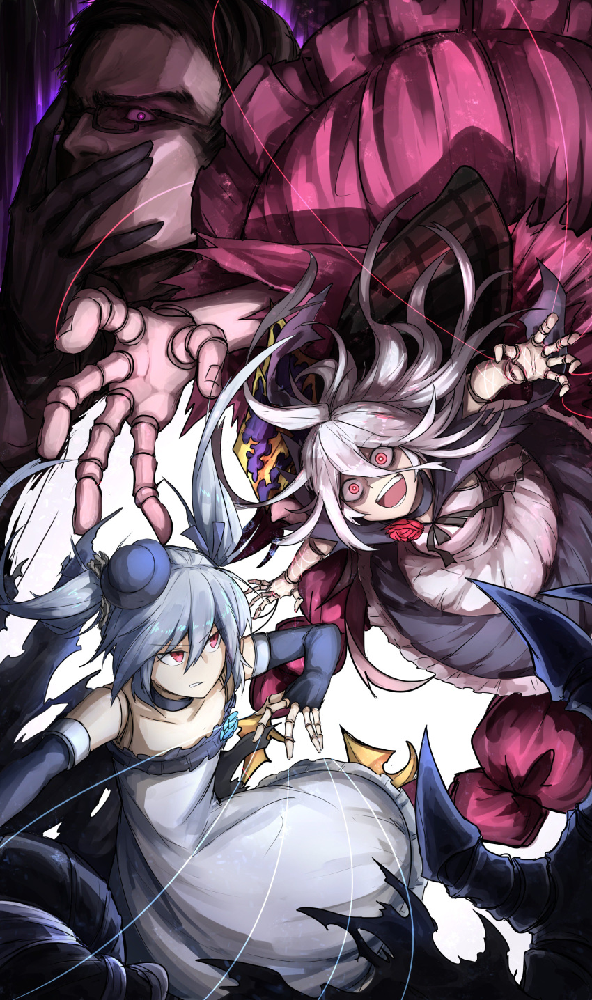 1boy 2girls absurdres crazy_eyes doll_joints fighting glasses grey_hair hand_on_own_face hat highres kan_(aaaaari35) liam_(bahamut) multiple_girls orchis puppet_strings reaching_out red_eyes shingeki_no_bahamut twintails zwei_(bahamut)