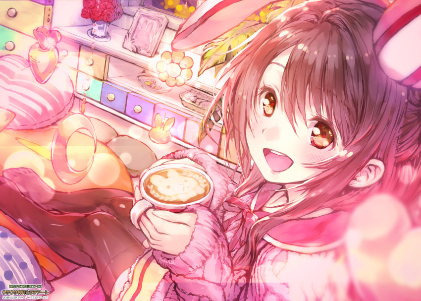 1girl :d animal_ears black_legwear blush brown_eyes brown_hair coffee commentary_request crescent cup drawer ek_masato fake_animal_ears flower heart heart_pillow holding holding_cup idolmaster idolmaster_cinderella_girls latte_art long_hair looking_at_viewer open_mouth pillow rabbit_ears ribbon shimamura_uzuki sitting sleeves_past_wrists smile solo sweater thigh-highs