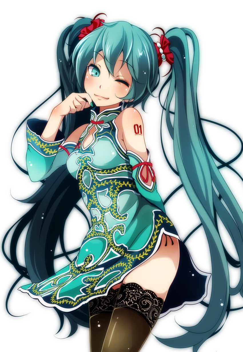 1girl aqua_eyes arm_behind_back bare_shoulders black_legwear blush china_dress chinese_clothes cleavage_cutout detached_sleeves dress eyebrows_visible_through_hair green_dress hand_on_own_cheek hatsune_miku highres lace lace-trimmed_thighhighs long_hair long_sleeves looking_at_viewer one_eye_closed panties project_diva_(series) side-tie_panties simple_background solo standing suigyoku_(module) thigh-highs tsukishiro_saika twintails underwear vocaloid white_background